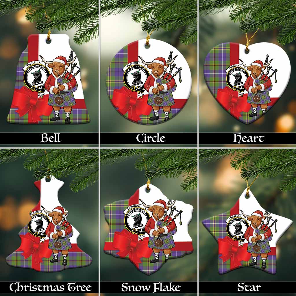Turnbull Tartan Crest Christmas Ceramic Ornament Highland Cow Bagpipes Coquette Bow Style