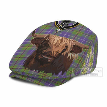 Turnbull Tartan Crest Flat Cap, Jeff Cap Scotland Heilan Coo Tartan Seamless Style