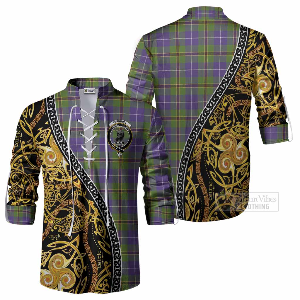 Turnbull Tartan Crest Ghillie Shirt Celtic Knot and Triple Trickle Spiral Symbols