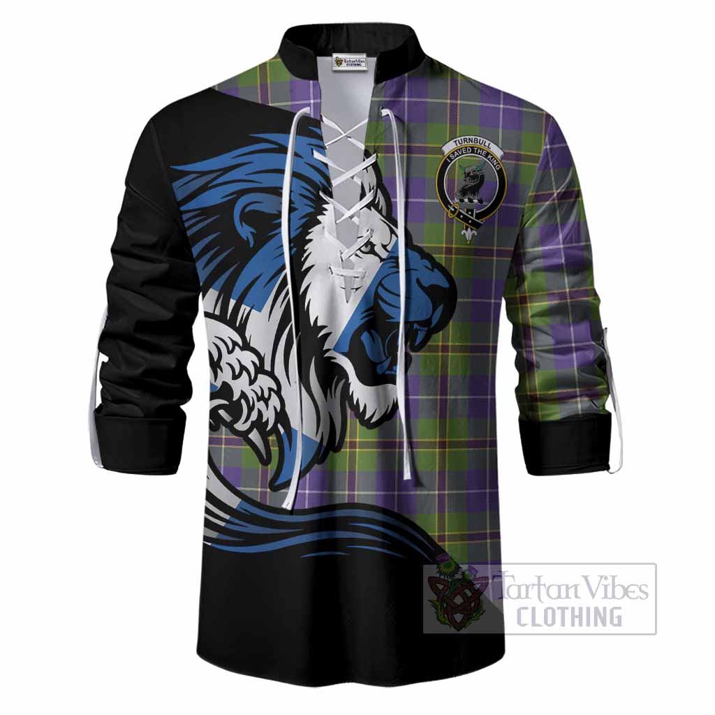 Turnbull Tartan Crest Ghillie Shirt Scottish Golden Lions Wave Flow
