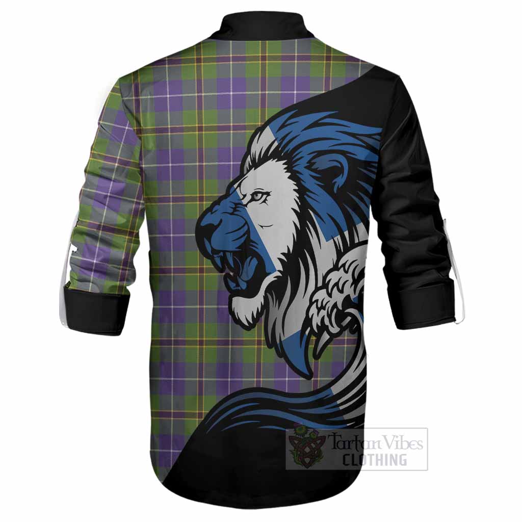 Turnbull Tartan Crest Ghillie Shirt Scottish Golden Lions Wave Flow
