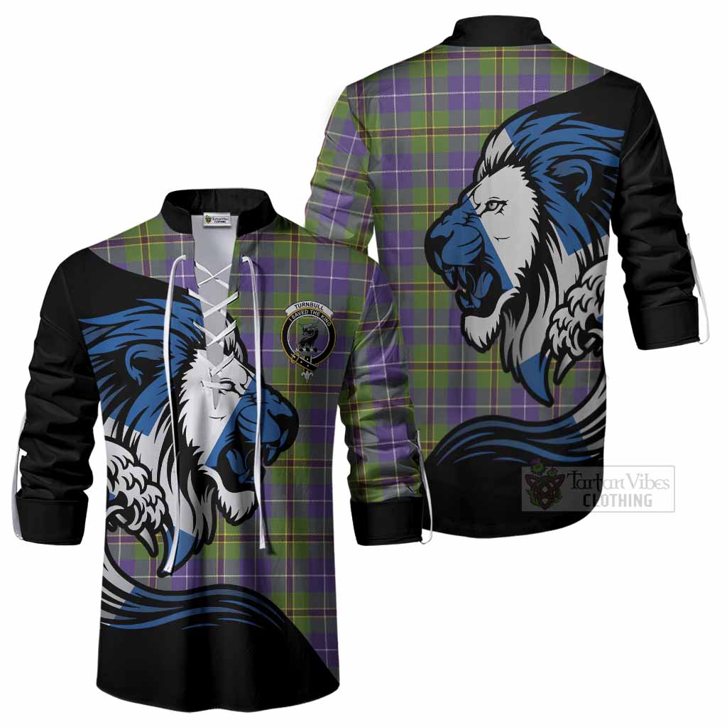 Turnbull Tartan Crest Ghillie Shirt Scottish Golden Lions Wave Flow