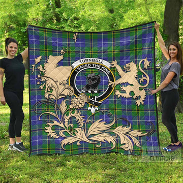 Turnbull Tartan Crest Premium Quilt with Scottish Iconic Symbols 
