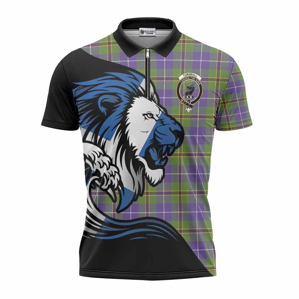 Turnbull Tartan Crest Zipper Polo Shirt Scottish Golden Lions Wave Flow