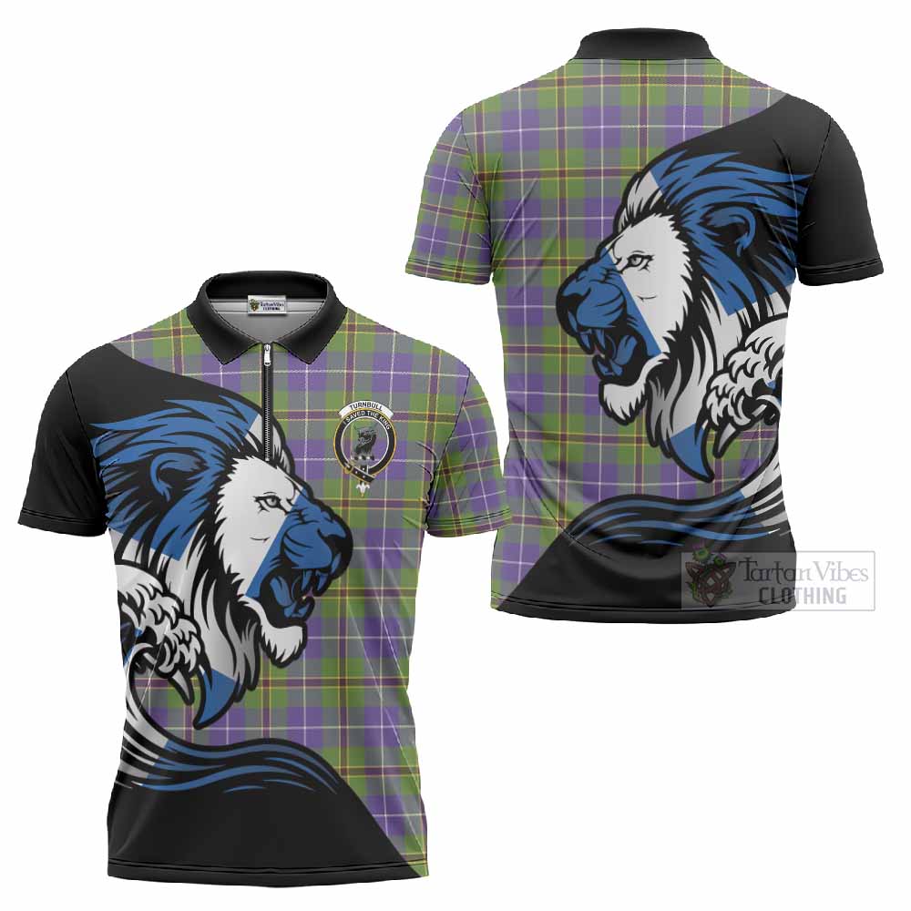 Turnbull Tartan Crest Zipper Polo Shirt Scottish Golden Lions Wave Flow