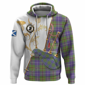 Turnbull Tartan Family Crest Hoodie Bagpipes with Scottish Thistle