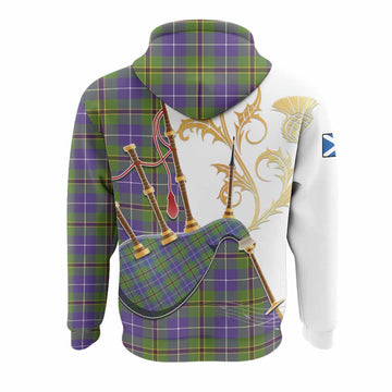 Turnbull Tartan Family Crest Hoodie Bagpipes with Scottish Thistle