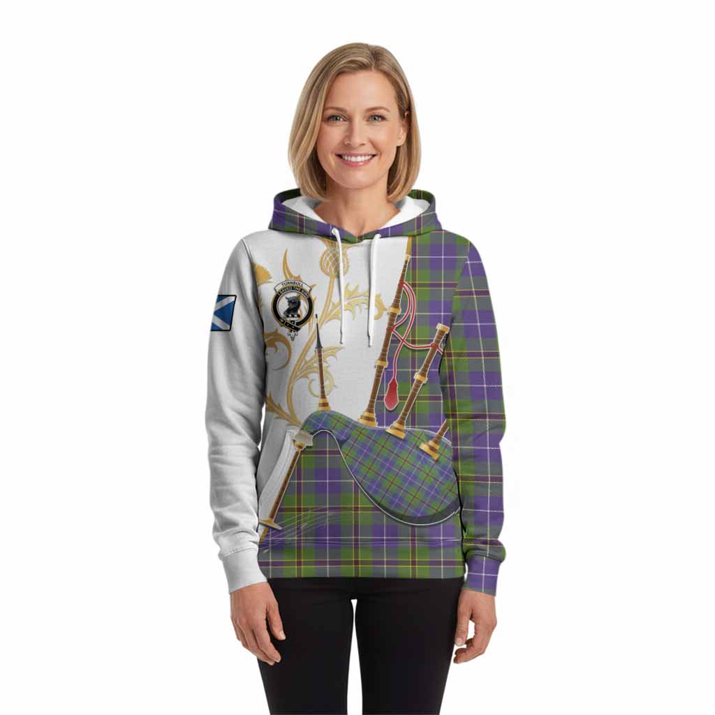 Turnbull Tartan Family Crest Hoodie Bagpipes with Scottish Thistle