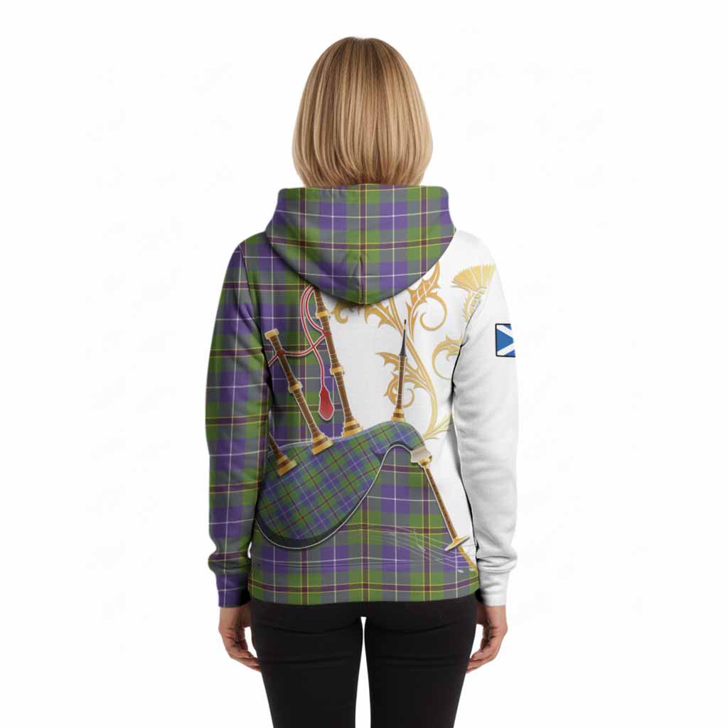 Turnbull Tartan Family Crest Hoodie Bagpipes with Scottish Thistle