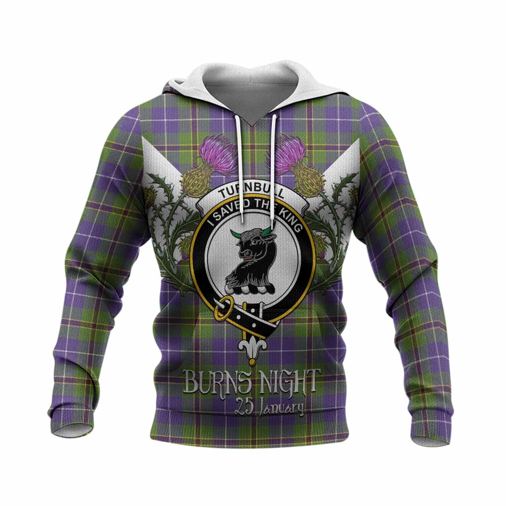 Turnbull Tartan Family Crest Knitted Hoodie Scottish Burns Night Thistle Floral