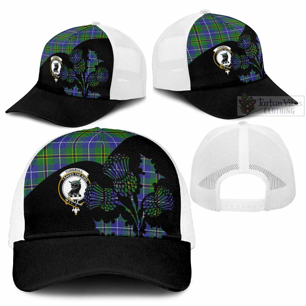 Turnbull Tartan Family Crest Mesh Trucker Cap Scotland Thistle Floral Flag Style