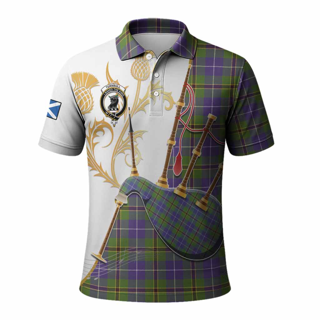 Turnbull Tartan Family Crest Polo Shirt Bagpipes with Scottish Thistle