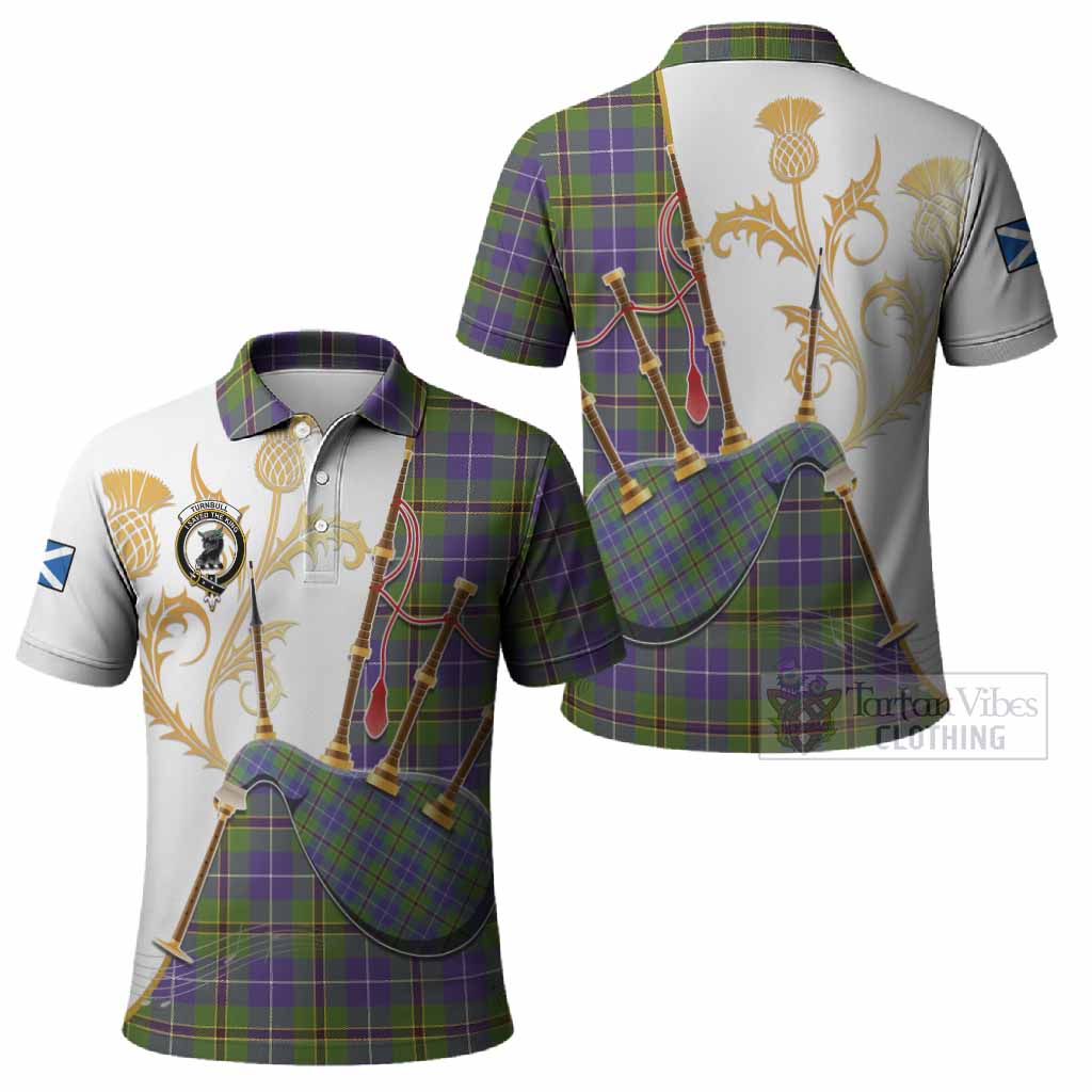 Turnbull Tartan Family Crest Polo Shirt Bagpipes with Scottish Thistle