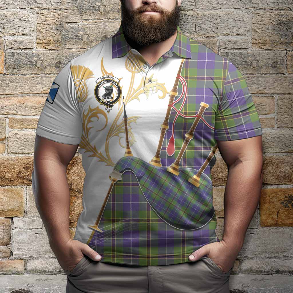 Turnbull Tartan Family Crest Polo Shirt Bagpipes with Scottish Thistle