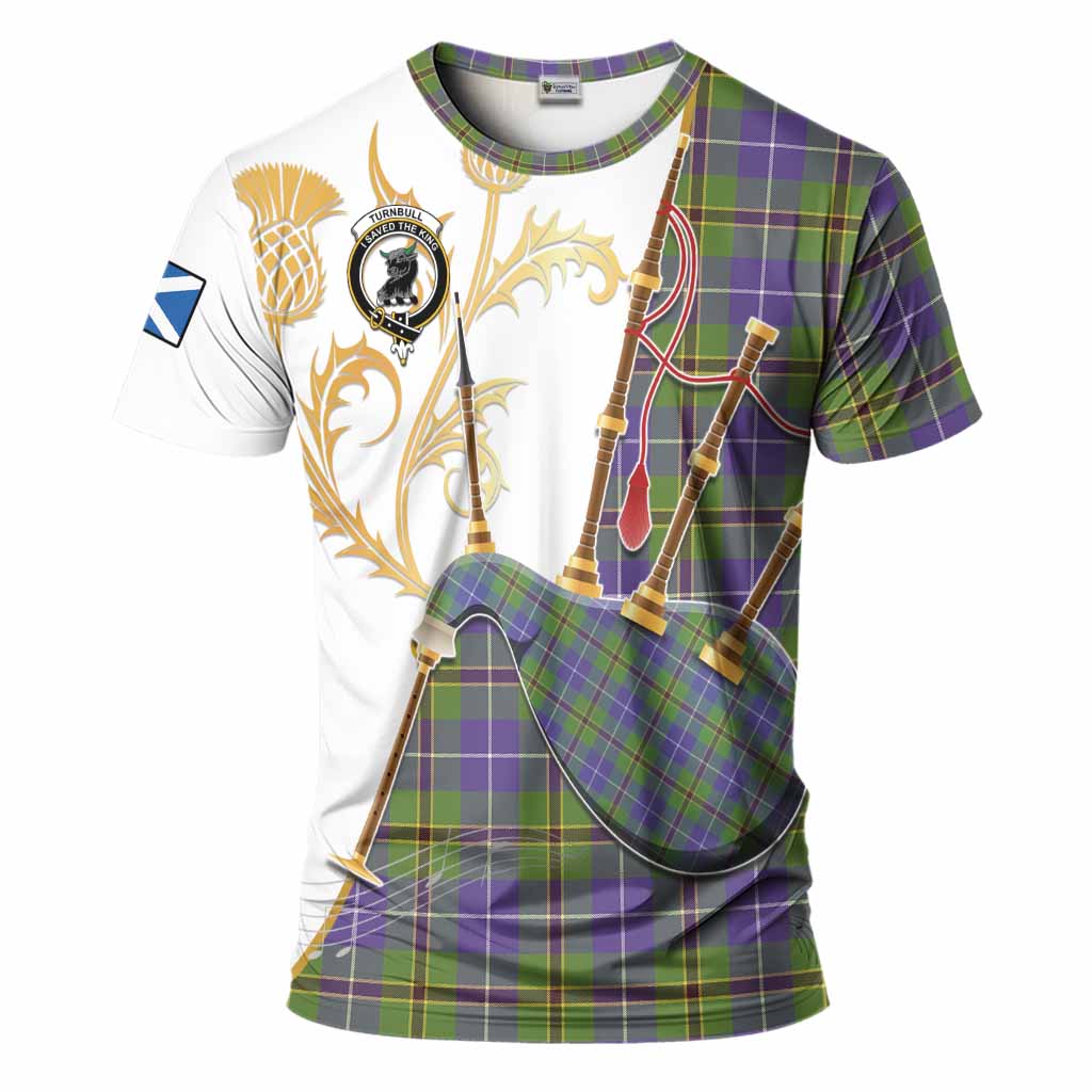 Turnbull Tartan Family Crest T-Shirt Bagpipes with Scottish Thistle