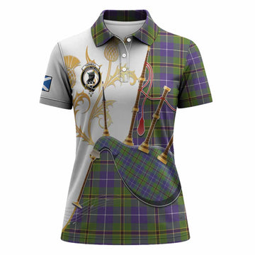 Turnbull Tartan Family Crest Women Polo Shirt Bagpipes with Scottish Thistle