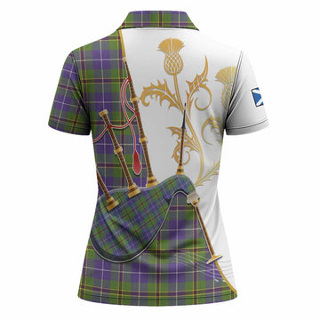 Turnbull Tartan Family Crest Women Polo Shirt Bagpipes with Scottish Thistle