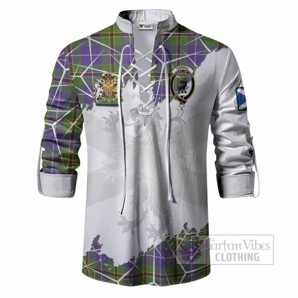 Turnbull Tartan Ghillie Shirt with Family Crest and Lion Rampant Grunge Style