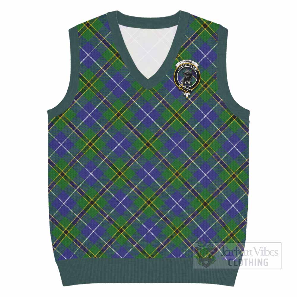Turnbull Tartan Knitted V-Neck Vest with Family Crest Cross Style