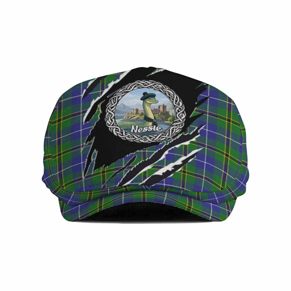 Turnbull Tartan Loch Ness Monster Flat Cap, Jeff Cap Celtic Knot Nessie Art