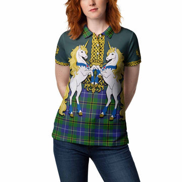 Turnbull Tartan Women Polo Shirt Unicorn Celtic Knot And Thistle Emblem