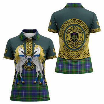 Turnbull Tartan Women Polo Shirt Unicorn Celtic Knot And Thistle Emblem