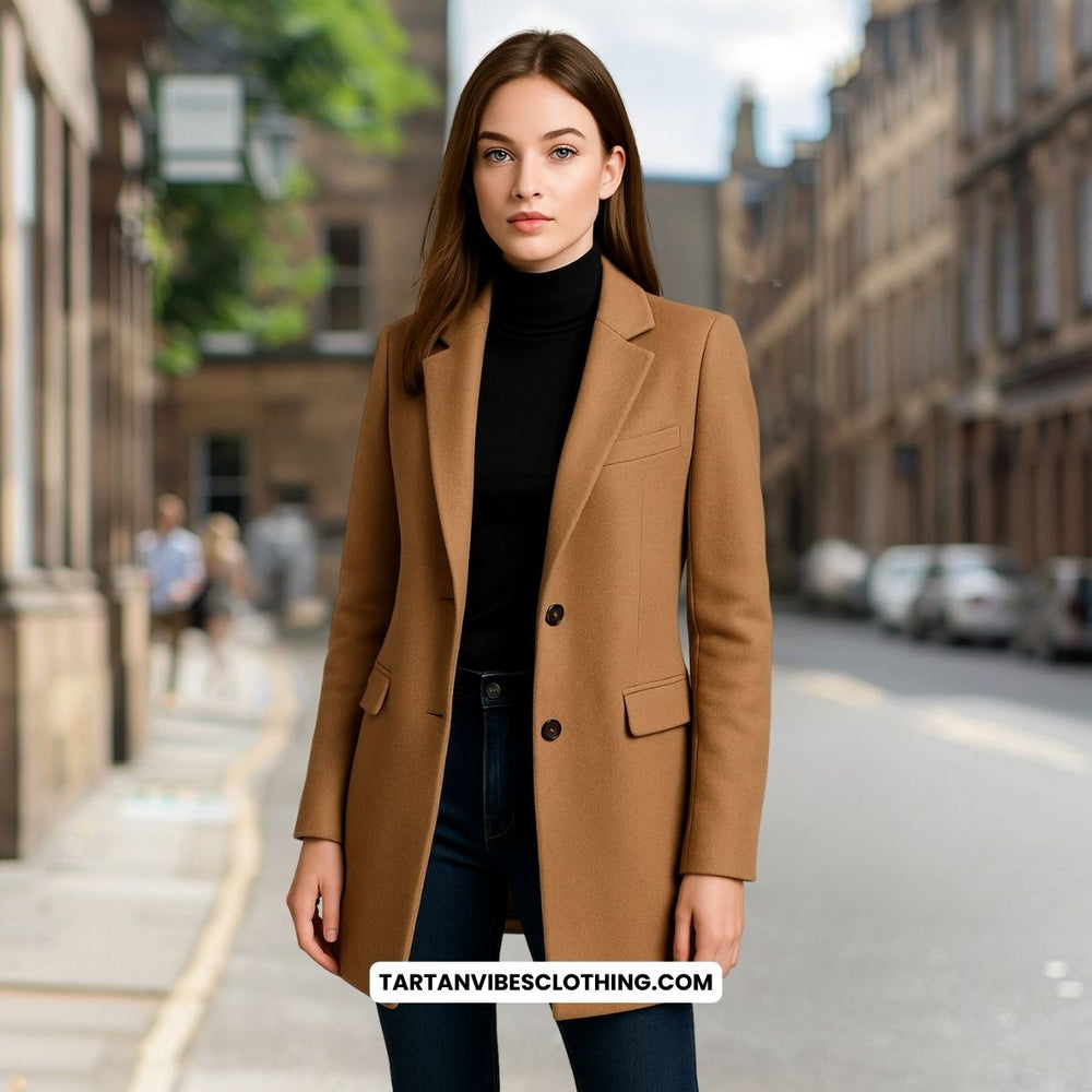 Turtleneck T-shirt with a tailored wool coat, and skinny jeans.