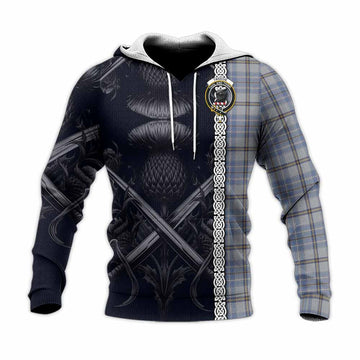 Tartan Vibes Clothing Tweedie Tartan Knitted Hoodie with Family Crest Cross Sword Thistle Celtic Vibes