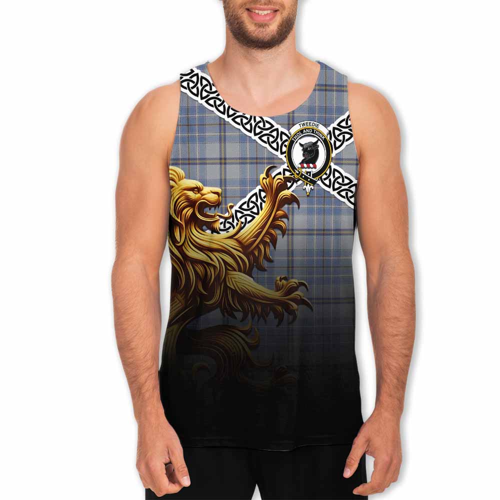 Tartan Vibes Clothing Tweedie Crest Tartan Men's Tank Top with Golden Lion Emblem Celtic Style