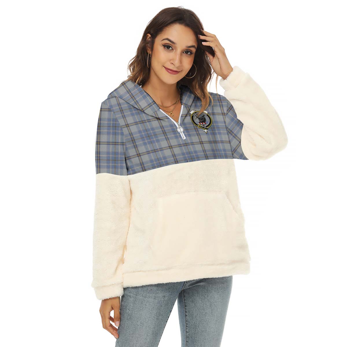 Tweedie Tartan Women's Borg Fleece Hoodie With Half Zip with Family Crest Female - Tartan Vibes Clothing
