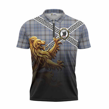 Tweedie Crest Tartan Zipper Polo Shirt with Golden Lion Emblem Celtic Style