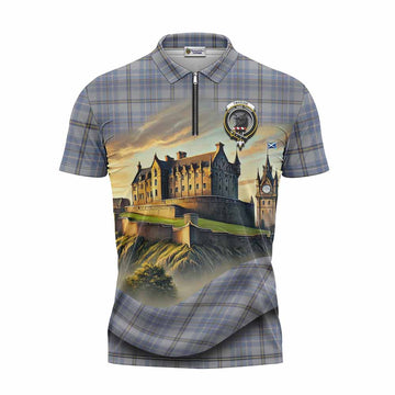 Tweedie Tartan Family Crest Zipper Polo Shirt with Scottish Ancient Castle Style