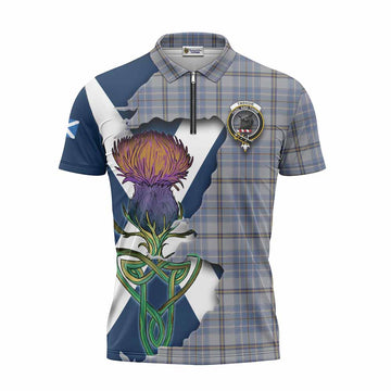 Tweedie Tartan Family Crest Zipper Polo Shirt Scottish Thistle Celtic Inspired