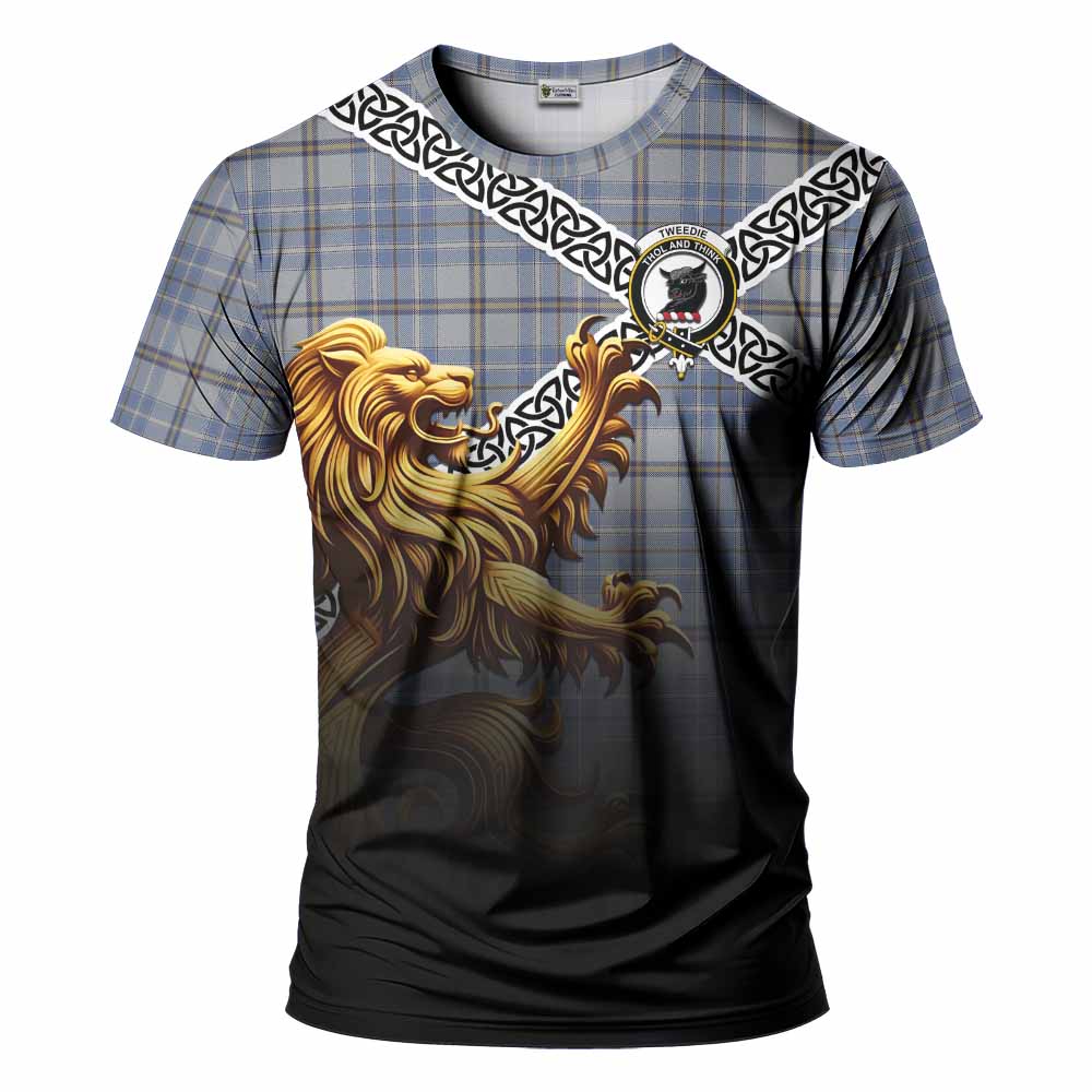 Tartan Vibes Clothing Tweedie Crest Tartan T-Shirt with Golden Lion Emblem Celtic Style