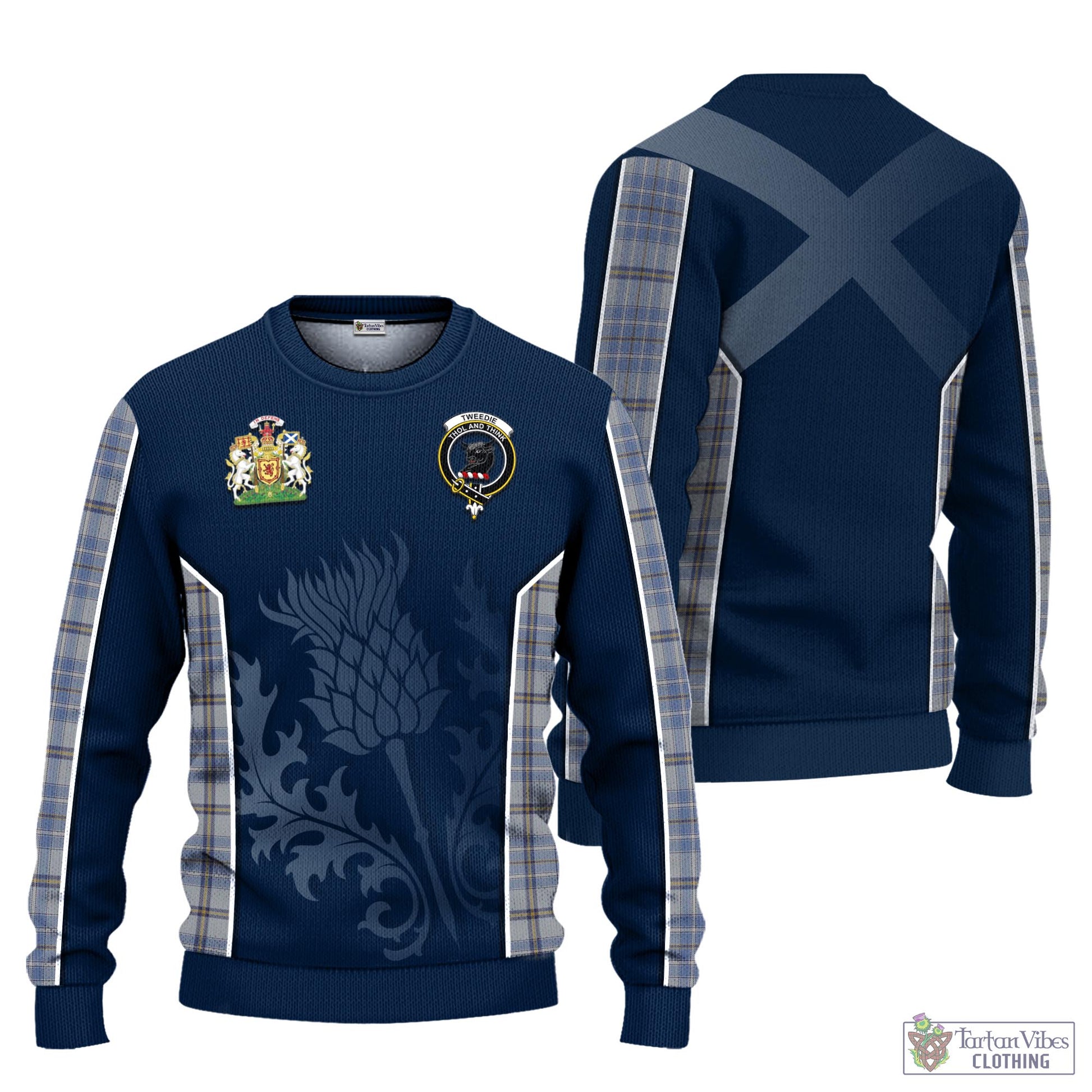 Tartan Vibes Clothing Tweedie Tartan Knitted Sweatshirt with Family Crest and Scottish Thistle Vibes Sport Style