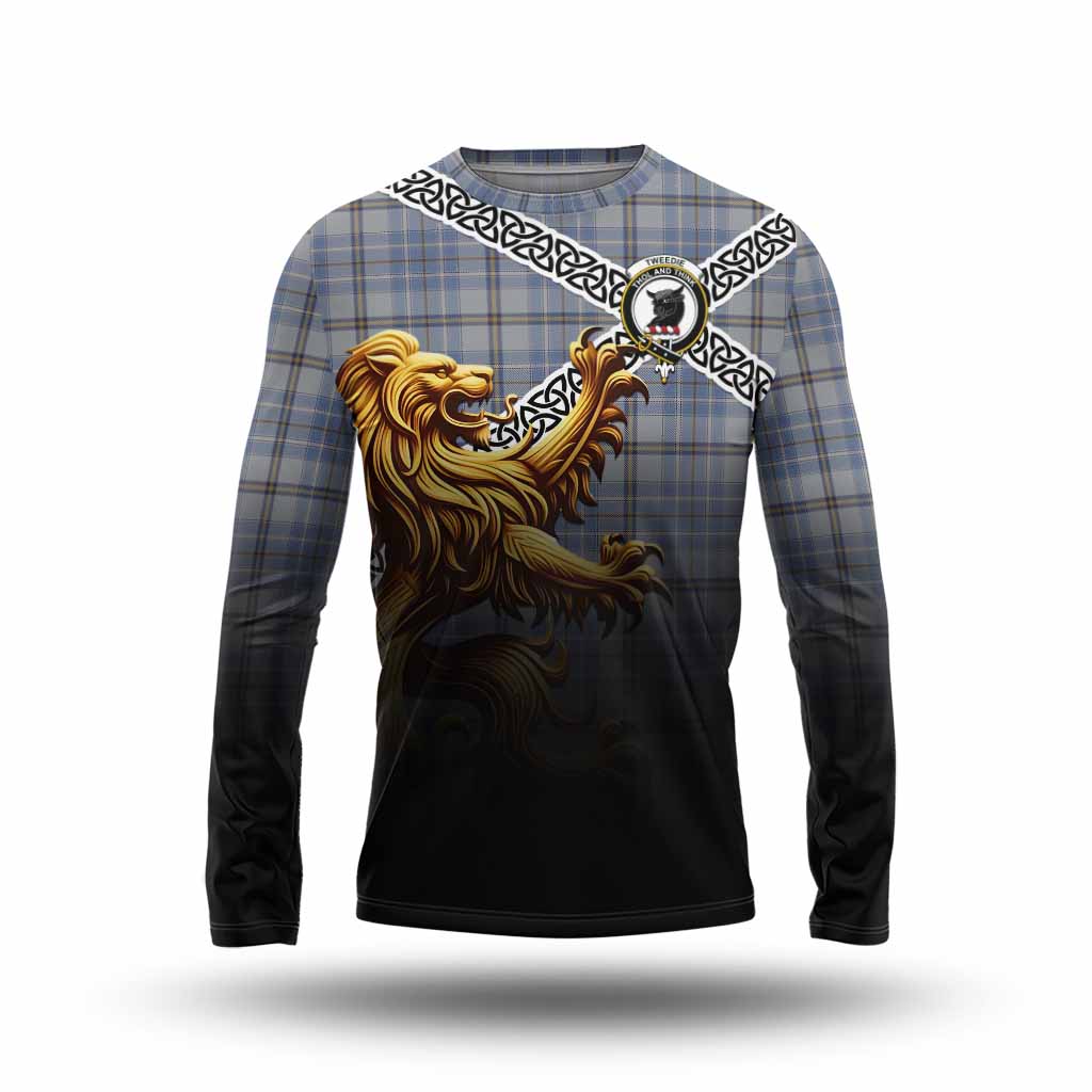 Tartan Vibes Clothing Tweedie Crest Tartan Long Sleeve T-Shirt with Golden Lion Emblem Celtic Style