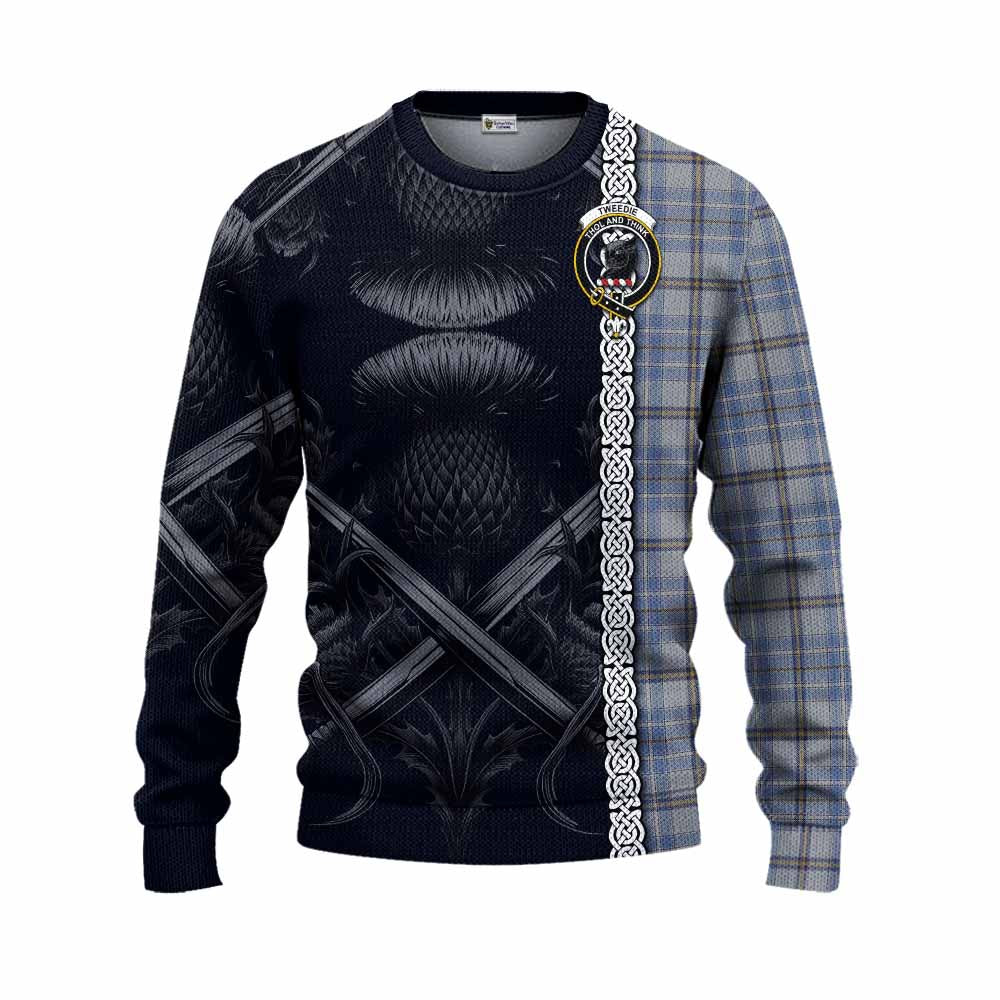 Tartan Vibes Clothing Tweedie Tartan Knitted Sweater with Family Crest Cross Sword Thistle Celtic Vibes