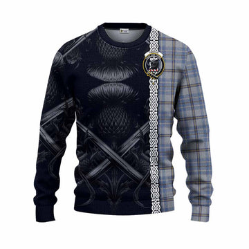 Tartan Vibes Clothing Tweedie Tartan Knitted Sweater with Family Crest Cross Sword Thistle Celtic Vibes