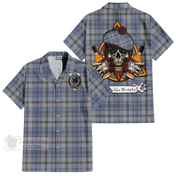 Tweedie Tartan Hawaiian Shirt with Family Crest and Bearded Skull Holding Bottles of Whiskey