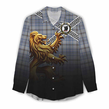 Tweedie Crest Tartan Women's Casual Shirt with Golden Lion Emblem Celtic Style