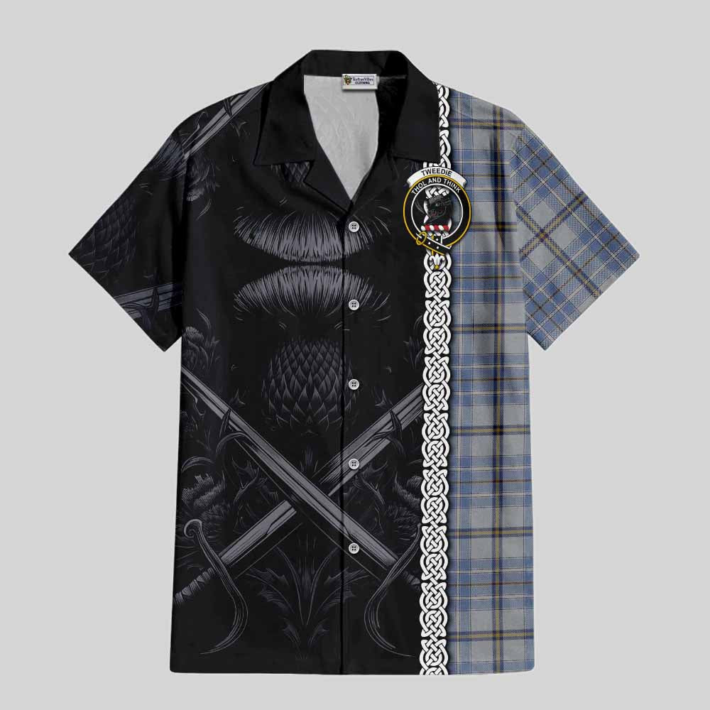 Tartan Vibes Clothing Tweedie Tartan Short Sleeve Button Shirt with Family Crest Cross Sword Thistle Celtic Vibes