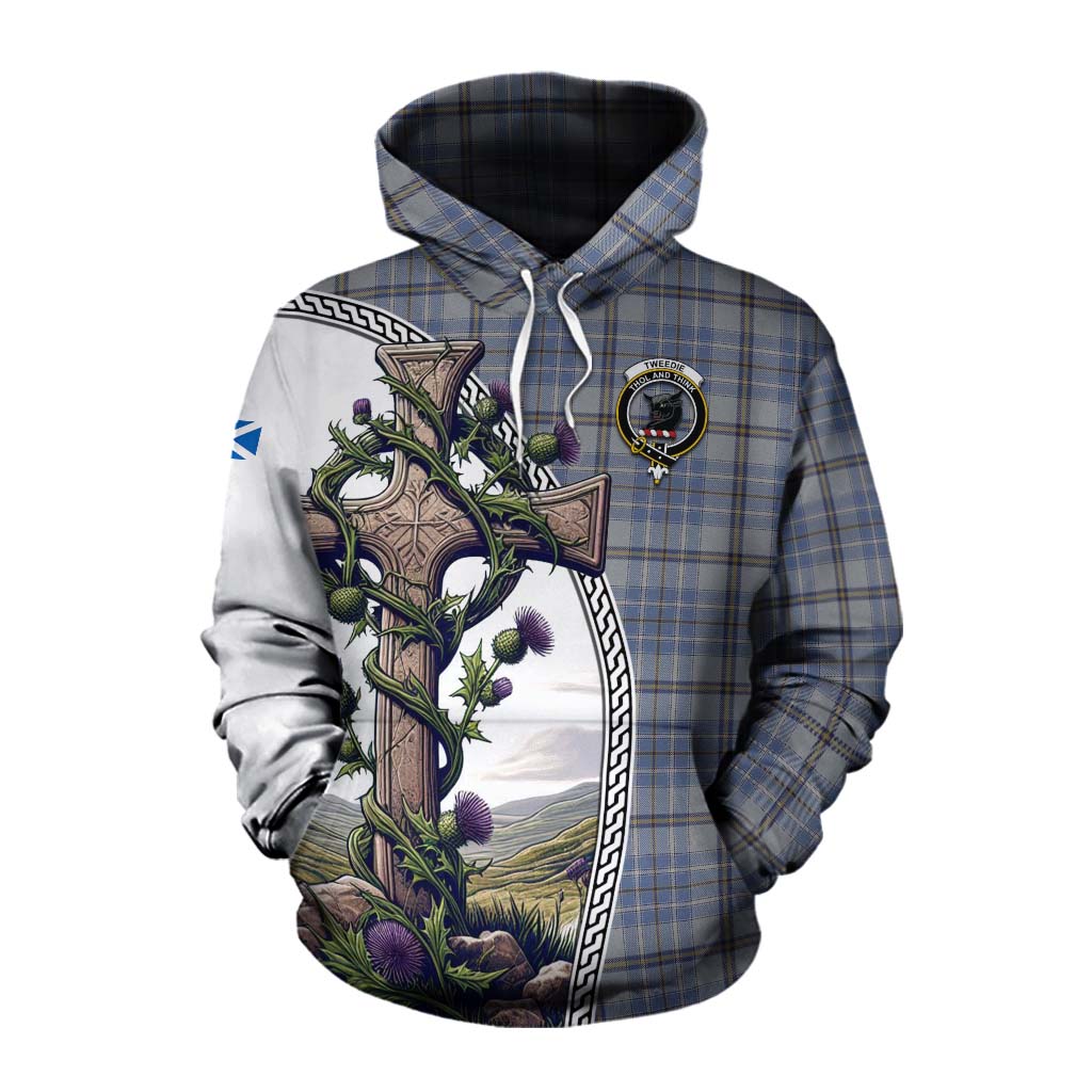Tartan Vibes Clothing Tweedie Tartan Cotton Hoodie with Family Crest and St. Andrew's Cross Accented by Thistle Vines