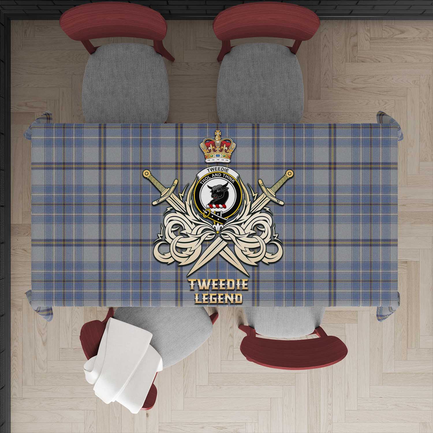Tartan Vibes Clothing Tweedie Tartan Tablecloth with Clan Crest and the Golden Sword of Courageous Legacy