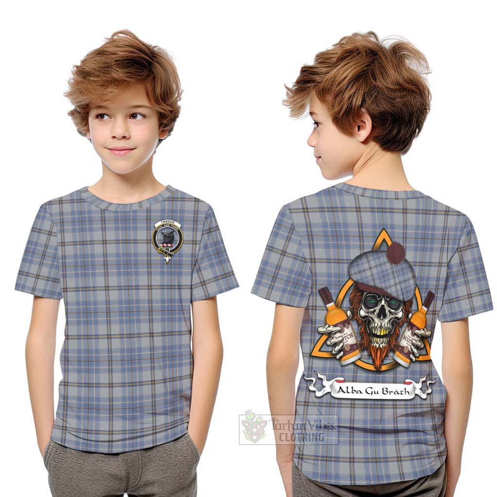 Tartan Vibes Clothing Tweedie Tartan Kid T-Shirt with Family Crest and Bearded Skull Holding Bottles of Whiskey