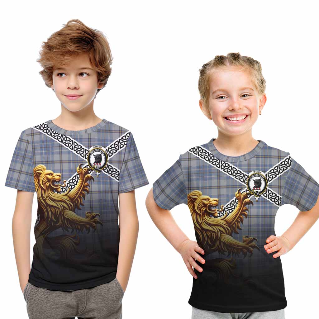 Tartan Vibes Clothing Tweedie Crest Tartan Kid T-Shirt with Golden Lion Emblem Celtic Style