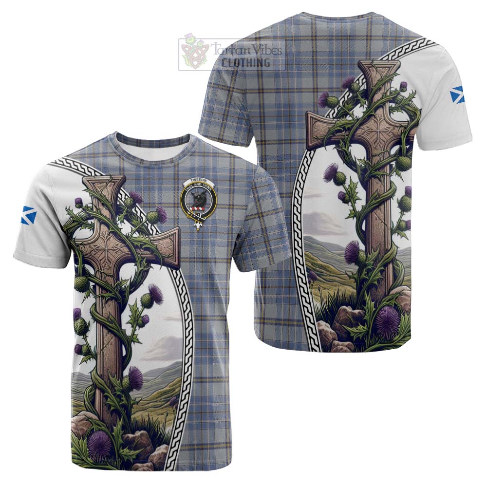 Tartan Vibes Clothing Tweedie Tartan Cotton T-shirt with Family Crest and St. Andrew's Cross Accented by Thistle Vines