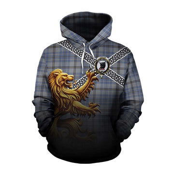 Tweedie Crest Tartan Cotton Hoodie with Golden Lion Emblem Celtic Style