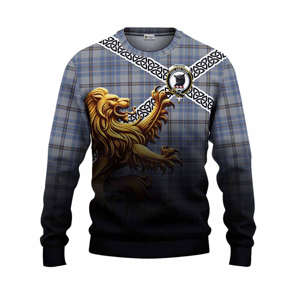 Tartan Vibes Clothing Tweedie Crest Tartan Knitted Sweater with Golden Lion Emblem Celtic Style