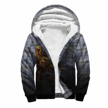 Tweedie Crest Tartan Sherpa Hoodie with Golden Lion Emblem Celtic Style