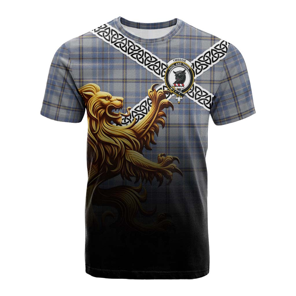Tartan Vibes Clothing Tweedie Crest Tartan Cotton T-shirt with Golden Lion Emblem Celtic Style